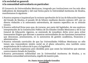 Solicita CUMex a diputados de Sinaloa enmendar error en la Ley de Educación Superior por violación a la autonomía universitaria