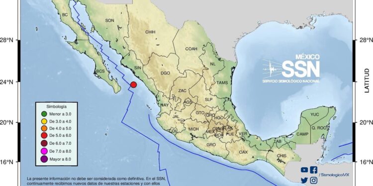 Sismo de 5.6 de Magnitud se registra a 99 km de Eldorado, Sinaloa