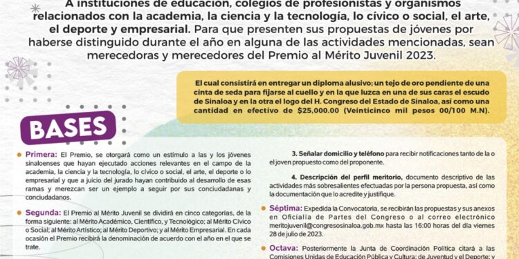 Emite Congreso Convocatoria para entregar Premio al Mérito Juvenil 2023