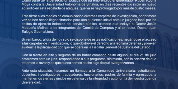 Inician un nuevo episodio en la persecución política contra la UAS y sus autoridades