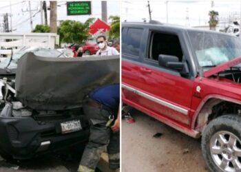 Chocan dos camionetas dejando un herido grave y cuantiosos daños materiales