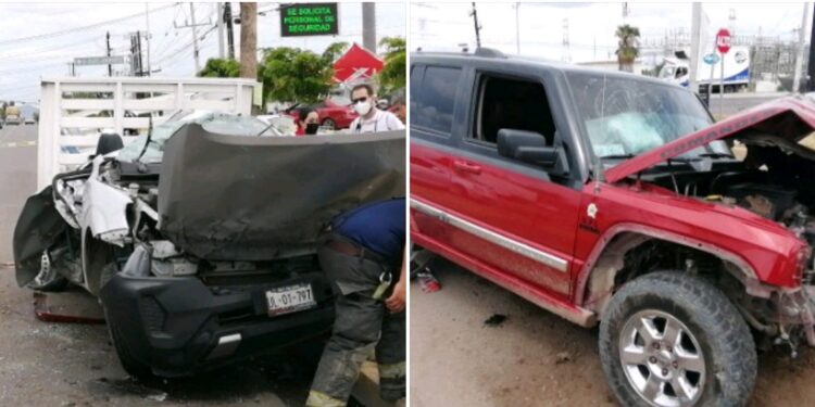 Chocan dos camionetas dejando un herido grave y cuantiosos daños materiales