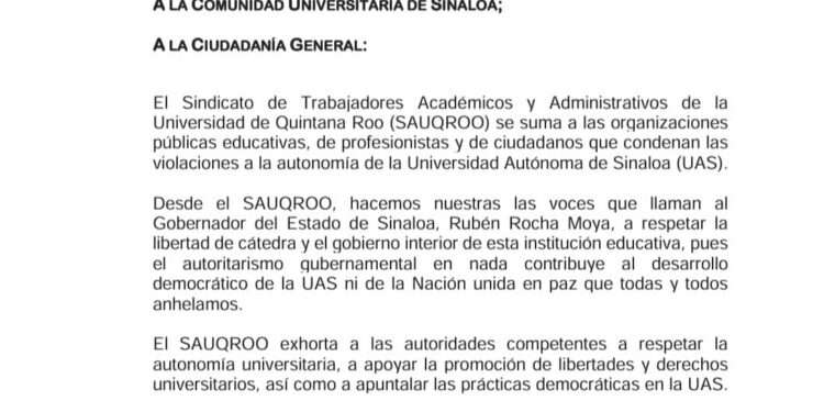 El Sindicato de Trabajadores de la Universidad de Quintana Roo pide al Gobernador Rocha Moya que respete la autonomía de la UAS