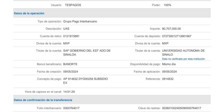 Gobierno de Rocha realiza nuevo depósito para que la UAS cubra sus adeudos ante el SAT