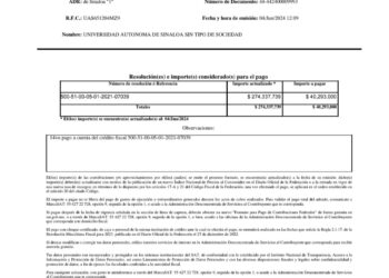 Gobierno realiza el 14o. depósito por 121 millones de pesos a la UAS, para que cumpla sus obligaciones fiscales ante el SAT