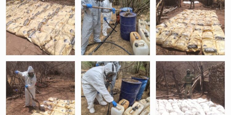 Aseguran autoridades un laboratorio clandestino y un área de concentración de productos químicos en Culiacán y Choix