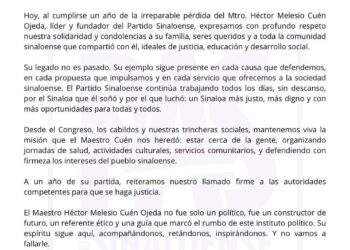 PAS pide justicia a un año del asesinato de Héctor Melesio Cuén: “No vamos a fallarle”