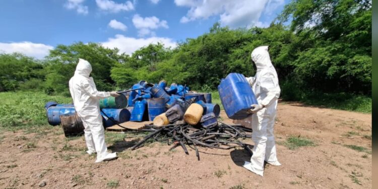 En Culiacán y Cosalá, aseguran y destruyen 7 áreas de concentración de materiales químicos y un plantío de marihuana