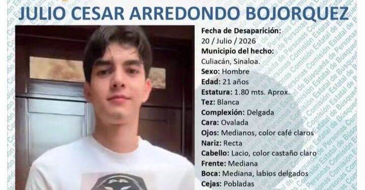 Buscan al joven Julio César; desapareció en la colonia Chapultepec de Culiacán y piden apoyo para localizarlo