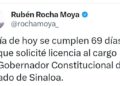 Rubén Rocha Moya aclara que no está resguardado por militares y asegura que permanece en su casa de Culiacán