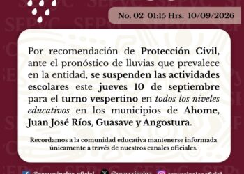 Suspenden clases vespertinas en cuatro municipios de Sinaloa por pronóstico de lluvias