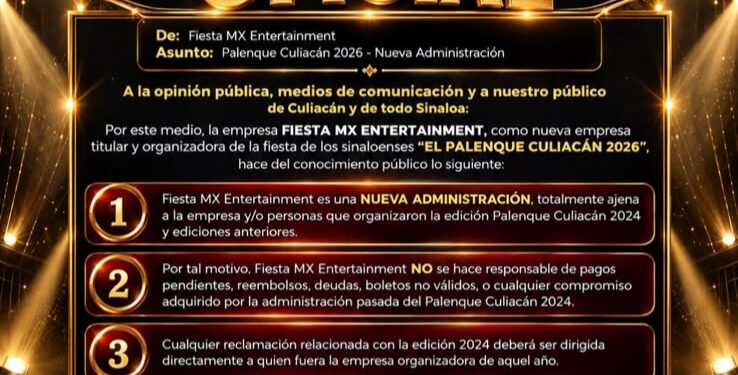 Palenque Culiacán 2026 tendrá nueva administración; empresa se deslinda de adeudos de la edición 2024