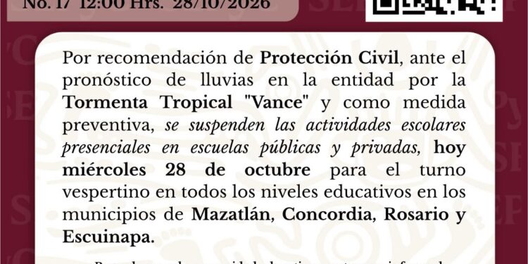 Suspenden clases en 4 municipios de Sinaloa por tormenta tropical Vance; prevén lluvias intensas